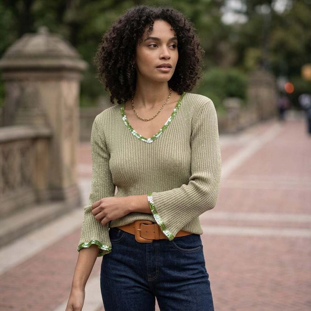 Fuse Silk Metallic Ribbed Knit Top with Green Sequin Trim Size M - Picture 1 of 6